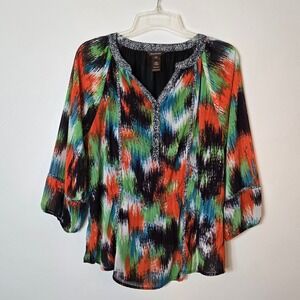 Multiples Womens XL Abstract Ikat Print V-Neck 3/4 Sleeve Blouse Orange Green